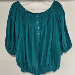 GiGiO USA Green Blue Peasant Top L Puff Sleeve Feminine Festival Flattering NWT